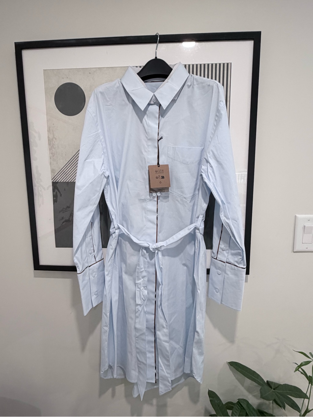 New Burberry Ivery Belted Mid-Length Shirt Dress Light Blue Color